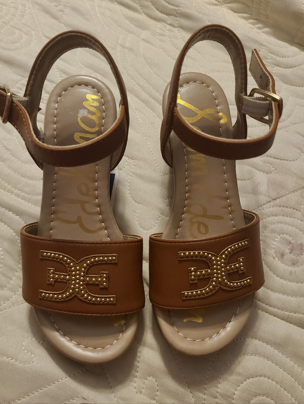 (Ew)Sam Edelman Girls' Tan Cork Wedge Sandals with Gold Accent